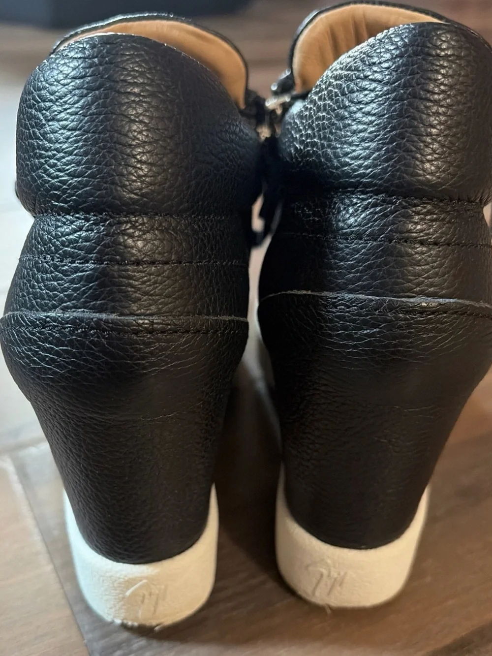 Giuseppe Zanotti Black Leather Wedge HighTop Sneakers White Sole Zip Italy 39.5
